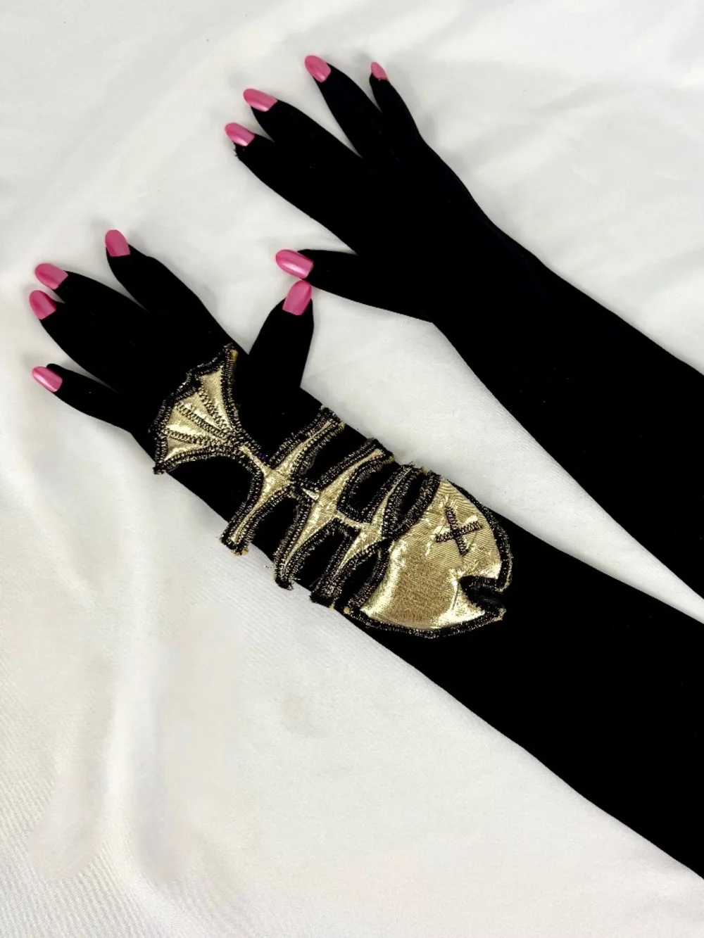 Halloween Costume Black Gloves w Pink Fake Nails Fish Bones Skeleton Flawed